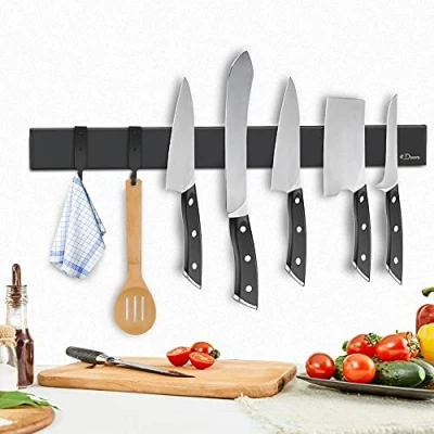 Immagine di Dmore Listello magnetico coltello aggiornamento di seconda generazione, con 3 ganci, portacoltelli da 40 cm, magnetico, nero, in acciaio inox, per una cucina ordinata