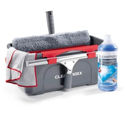 Immagine di CLEANmaxx Detergente per vetri, Set da 7 pezzi Pulizia dei vetri senza aloni completo con detergente, spatola secchio, spatola, panno in microfibra Ideale casa, auto e doccia