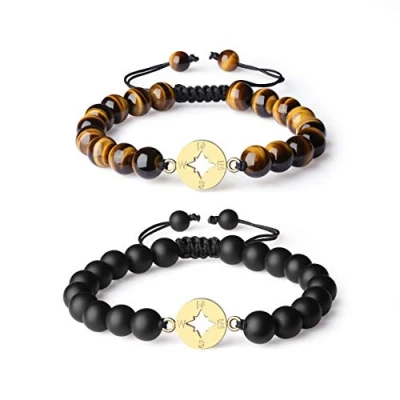 Immagine di COAI Coppia Bracciali della Distanza &#039;Ovunque, Non Importa Dove&#039; con Amuleto Bussola, Regolabili Lui e Lei in Onice Opaca Occhio di Tigre