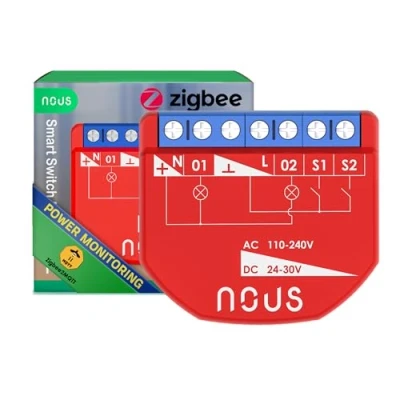 Immagine di NOUS Modulo Interruttore Intelligente ZigBee con Misurazione della Potenza, 2 Canali, AC 16A/DC 10A, Contatti Secchi, Hub 3.0 Richiesto, Compatibile Alexa, Google Assistant, Home Assistant