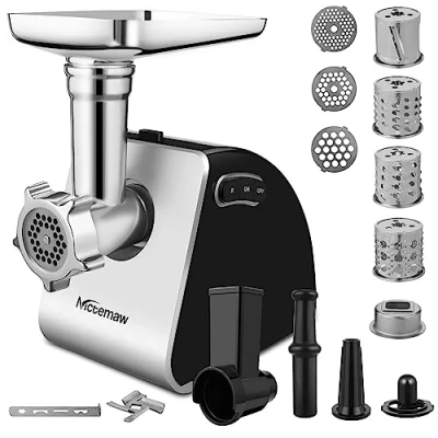 Immagine di Nictemaw Tritacarne Elettrico 2000W, Multifunzione Tritatutto 5 in 1 Taglia Verdure con 3 piastre di macinatura, 4 lame a cono, Kuba e accessorio da pasticceria