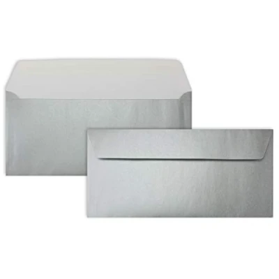 Immagine di 100 buste da lettera metalliche argento DIN lunghe 11 x 22 cm autoadesive lucide per inviti e cartoline grandi, matrimoni Natale