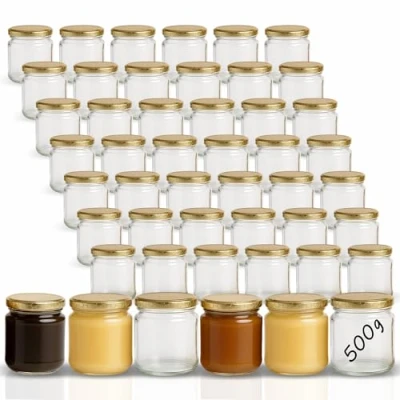 Immagine di gouveo Set di 48 vasetti per marmellata 500g “Miele con coperchio a vite nido d&#039;ape barattoli conservazione tappo TO82 conserve vuoti, (HGTO500BW)