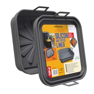 Immagine di PORTENTUM Teglia per Friggitrice ad Aria 22,5 cm Set da 2 Contenitori in Silicone Pieghevoli Riutilizzabili Certificati LFGB e BPA Free Accessori (Grigio)