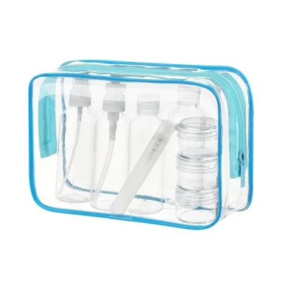 Immagine di MOCOCITO Borsa da Toilette Viaggio Trasparente con 8 Bottiglie Approvata Secondo le Regolamentazioni UE e UK sul Bagaglio a Mano Borsetta Trucco Zip(Blu)