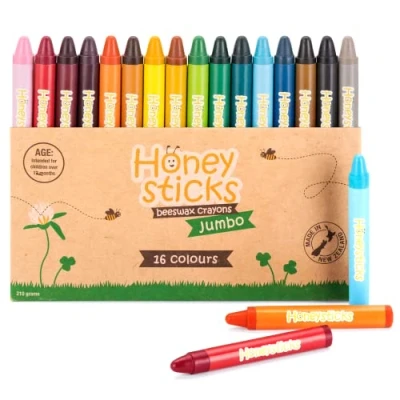 Immagine di Honeysticks Pastelli a Cera d&#039;Api 100% Pura Jumbo per Bambini Atossici, Ecosostenibili Realizzati in Nuova Zelanda 16 Colori Grossi Migliore Presa