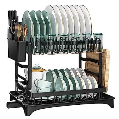 Immagine di TAVADA Scolapiatti da Appoggio,Scolapiatti Lavello in Acciaio Inox,2 livelli nero con Portautensili e Portabicchieri per Piatto,Tazza,Tagliere