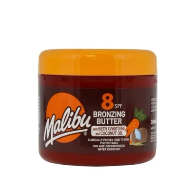 Immagine di Malibu Sun SPF 8 Burro abbronzante per il corpo con beta carotene e olio di cocco, resistente all&#039;acqua, fragranza cocco tropicale, 300 ml