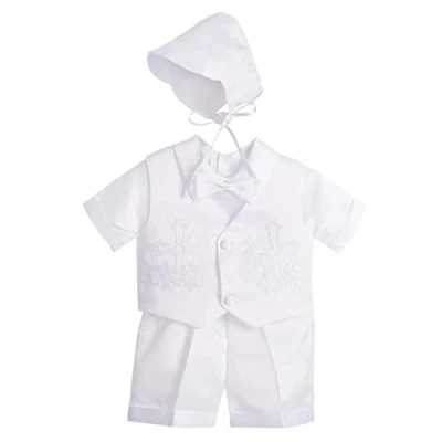 Immagine di Lito Angels Abito da Battesimo per Bimbo, Completo Bianco 5 Pezzi Set (Gilet, Camicia, Pantaloni, Papillon e Cappello), Taglia 9 12 Mesi, Stile B, Manica Corta