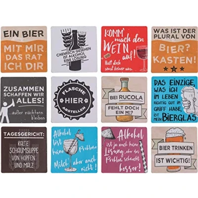 Immagine di ootb Sottobicchieri in vetro con scritte e citazioni &quot;Slogans&quot;, legno, 12 pezzi