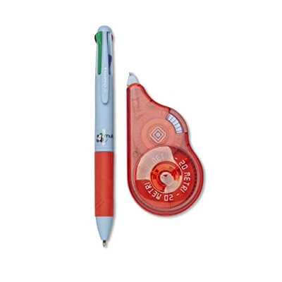 Immagine di OSAMA Set Cancelleria con Bianchetto a Nastro, 20 METRI + Penna Sfera 4 Colori Multi, Kit Cartoleria e Scuola Ufficio Correttore Nastro Multicolore, Azzurro/Rosso