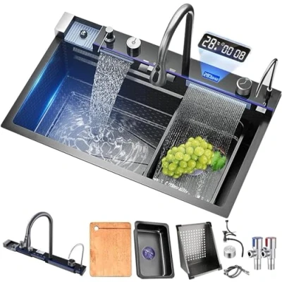 Immagine di TULAZOU Lavello da cucina,T304 cucina in acciaio inox,Lavello multifunzione,Lavello a cascata,Lavello incasso con rubinetto digitale multifunzionale e vari accessori(80x45cm)