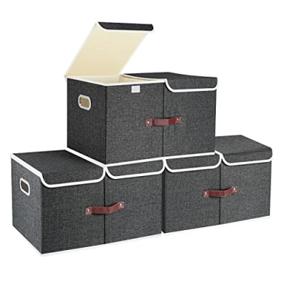 Immagine di TYEERS Extra Grandi Scatole Portaoggetti a Scomparti, Tessuto, Pieghevole, Contenitore 55x33x30 cm, Set di 3, Nero