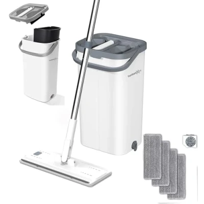 Immagine di FurnitureXtra Set mocio e secchio, piatto in microfibra per bagnato asciutto, con manico acciaio inox, secchio a doppia camera adatto tutti i pavimenti