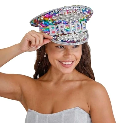 Immagine di Ginger Ray Cappello da sposa con paillettes arcobaleno e perle finte per addio al nubilato, multicolore