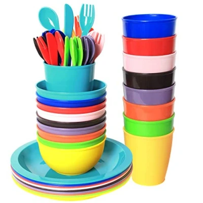 Immagine di Youngever 54 Pezzi 9 Set Posate di Plastica Per Bambini in Colori Assortiti, da Pranzo Bambini, Tazze, Piatti Ciotole Posate,