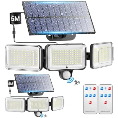 Immagine di PIKOY luci solari di sicurezza per esterni, sensore movimento 224 LED+2000LM+300 grandangolare illuminazione esterna, telecomando 4 modalità inondazione solare