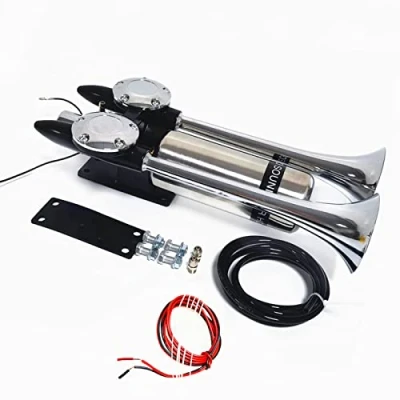 Immagine di YIYIDA clacson per auto barche 170db Car Horn nave serbatoio d&#039;aria in acciaio inossidabile argento prolunga il suono forte a doppio tubo 12V 24V barca ecc