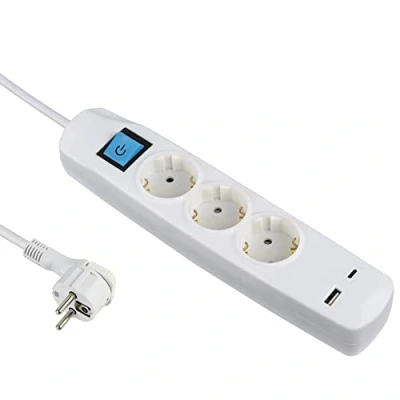Immagine di Electraline 62162 Ciabatta elettrica A 3 prese Schuko con interruttore, 2 USB 3.4 17 W (1 tipo + 1 C), cavo 1,5 m, multipresa multipla da tavolo, spina extra piatta