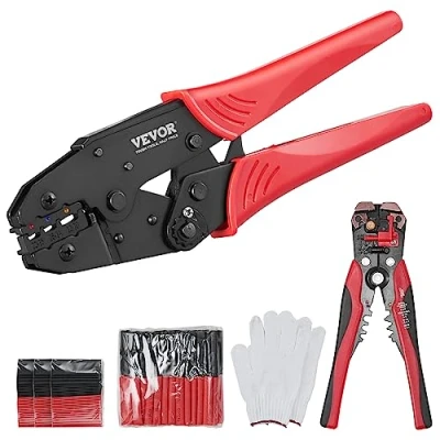 Immagine di VEVOR Pinze Crimpatrice 0,5 6mm² in Acciaio per Terminali Isolati Nylon Termorestringente AWG22 10, Pinza Crimpaggio Capicorda con Guanti Spelafili 210 Tubi Termorestringenti Pressione Regolabile