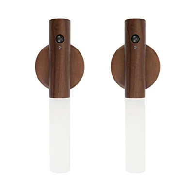 Immagine di Applique in Legno, luce Notturna per Interni con Sensore di Movimento, da Parete a Batteria Wireless Ricaricabile Magnetica Interruttore Camera Letto, Corridoio, Scala (Noce 2pz)