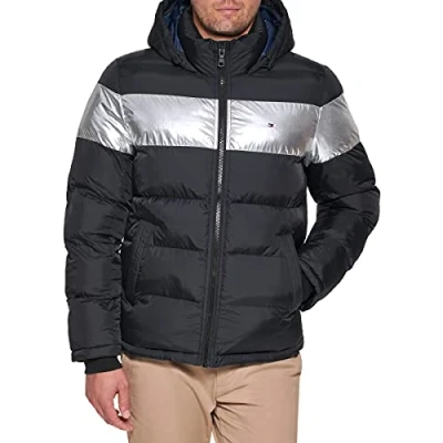 Immagine di Tommy Hilfiger Hooded Puffer Jacket Cappotto Alternativo in Piumino, Striscia Nera e Argento, S Uomo