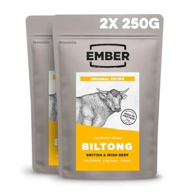 Immagine di Ember Snacks Biltong Beef Jerky (2 x 250g Original) Ricco di proteine, ipocalorico. Spuntino a basso contenuto grassi, in movimento