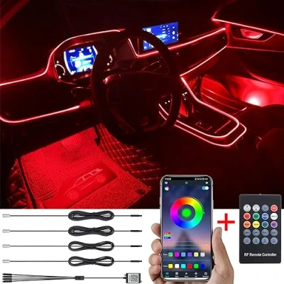 Immagine di TABEN Kit Luce Atmosfera per Auto Sincronizzazione Musicale RGB Multicolore 16 Milioni di Colori 5 Metri Illuminazione Ambientale USB in Fibra Ottica, Telecomando RF e Controllo App Bluetooth 12V