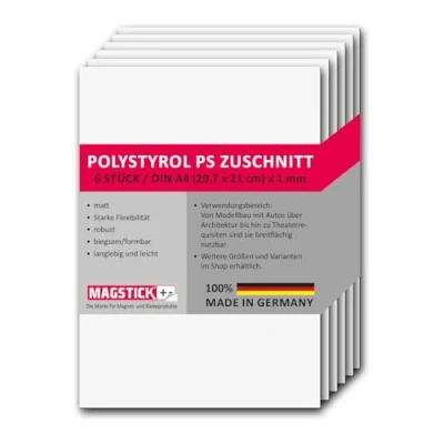 Immagine di Set di 6 lastre in polistirene bianco, DIN A4, plastica, con taglio PS, 21 x 29,7 cm, spessore 1 mm, per modellismo, architettura fai da te, mag_261