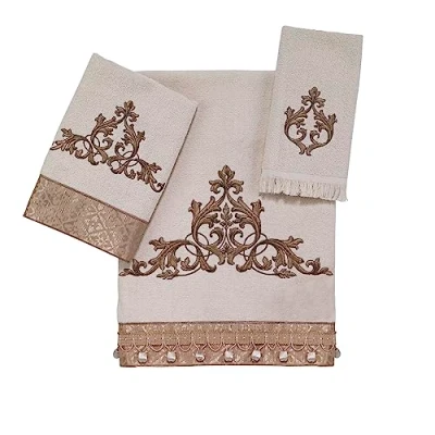 Immagine di Avanti Linens Set di 3 asciugamani in cotone morbido e assorbente, accessori da bagno ricamati (collezione Monaco, avorio)