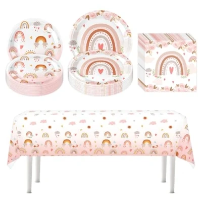 Immagine di 41 Pezzi Arcobaleno Compleanno Stoviglie Per Festa Monouso Feste Di Bambini Set Bambina Include 20 Piatti, Tovaglioli e 1 Tovaglia