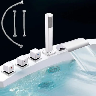 Immagine di Melko Set doccetta per vasca da bagno, cromato, con materiale di montaggio, design elegante, senza tempo e moderno, eckig (rettangolare), acciaio, 5 Loch