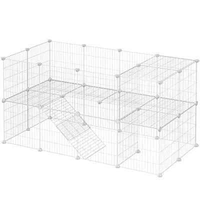 Immagine di SONGMICS Recinto per Animali a 2 Piani, Organizer Gabbie di stoccaggio in Filo Metallico, Recinzione Piccola Taglia, porcellini d&#039;India, Conigli, 143 x 73 71 cm, Bianco LPI02W