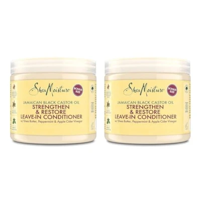 Immagine di SheaMoisture Strengthen &amp; Restore Leave In Balsamo per capelli ricci, trattati chimicamente o stirati a caldo, ammorbidente giamaicano nero senza siliconi e solfati, 2 x 431 ml