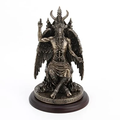 Immagine di Veronese Design Statua in resina di Bafometto con decorazione satanica, scultura bronzo e zoccolo legno ciliegio
