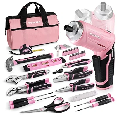 Immagine di WORKPRO 53 pezzi Set di strumenti con 3.7V Cacciavite a batteria, Attrezzi Uso Riparazione e Lavoro Pinza, Coltello, Cacciavite, Chiavi, Livella in Rosa