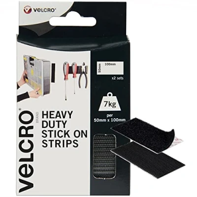 Immagine di VELCRO Brand 2 strisce adesive nere adesive, 50 mm x 100 mm, a strappo, autoadesive, industriali, extra forti, resistenti, perfette per casa, ufficio e garage
