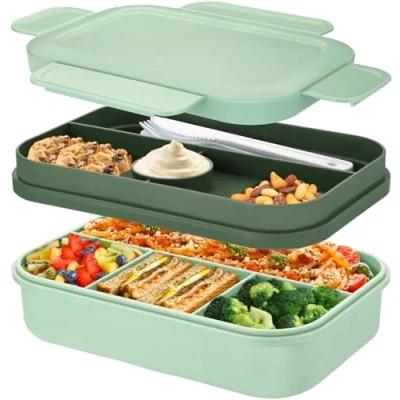 Immagine di Sinnsally Porta Pranzo con 8 Scomparti 2000ml Schiscetta Pranzo,Bento Lunch Box Prova di Perdite per Adulti Cibo,Portavivande senza BPA Posate,Sicuri Microonde e Lavastoviglie(Verde)