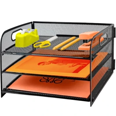 Immagine di PLSOPPKG Organizer da Scrivania a 3 Livelli con Supporti Verticali Extra, Vassoio per Lettere Cassetto, Vassoi Documenti A4, Porta Riviste e Casa Ufficio, nero