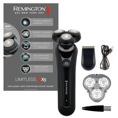 Immagine di Remington, Rasoio elettrico barba, Uomo, con testine rotanti flessibili X5 Limitless, Wet &amp; Dry, tecnologia SynX Hybrid, accessorio Rifinitore, Cordless, USB, XR1755