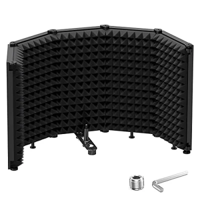 Immagine di Moukey Scudo di Isolamento per Microfono Pieghevole, Insonorizzanti a 5 Pannelli Fonoassorbenti con Adattatore da 3/8&quot; 5/8&quot;, Studio Registrazione, Podcast, Canto
