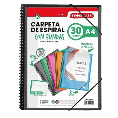 Immagine di Starplast Cartella buste Spirale Flessibile 30 trasparenti, A4, chiusura elastica, copertina in polipropilene, personalizzabile, per uso scolastico e ufficio Nero