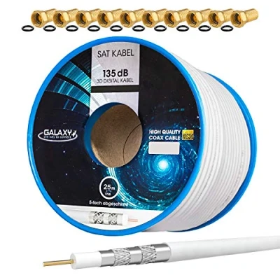 Immagine di HB Digital Set: 25 m di Cavo coassiale SAT 135db bianco + 10x F Plug placcati oro CCS (acciaio rame) antenna satellitare schermato 5 volte per sistemi DVB S/S2 C/C2 T/T2 DAB+ Radio BK