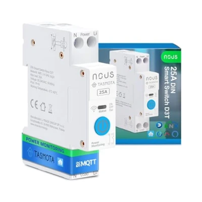 Immagine di Nous Interruttore intelligente DIN 25A con Tasmota (ESP32), monitoraggio dell&#039;energia, compatibile MQTT, Home Assistant, Matter, controllo vocale Alexa, Google Assistant