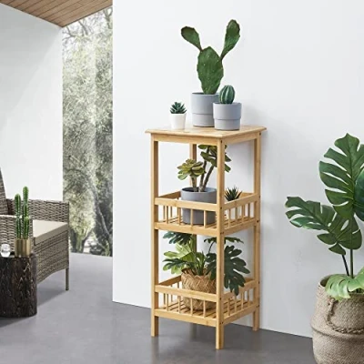 Immagine di [en.casa] Scaffale a Terra (AxLxP) 79 x 33 cm Mobile Basso in Bambù 3 Ripiani Portaoggetti Portapiante color Naturale