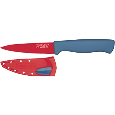 Immagine di Colourworks Coltello da Cucina Spelucchino con Guaina Affilacoltelli Edgekeeper, Acciaio inossidabile, 9,5 cm, Rosso Ciliegia