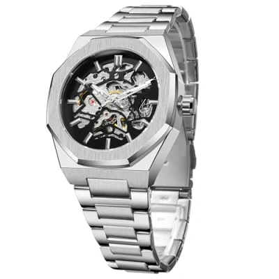 Immagine di FORSINING orologio automatico, meccanico da uomo, ottagonale, impermeabile, alla moda, orologi scheletrici, lussuoso cinturino in acciaio inossidabile argentato, argento, Bracciale