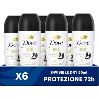 Immagine di Dove, Deodorante Roll On Advanced Care Invisible Dry, Antitraspirante, Formula Anti Macchia Con Tripla Azione Idratante, Protezione Fino a 48 Ore, Uomo e Donna, 6 Pezzi da 50 ml