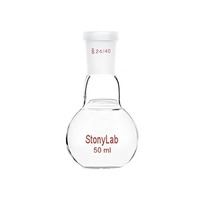 Immagine di stonylab Pallone di Ebollizione a Fondo Piatto con Collo Singolo Borosilicato in Vetro, Giunto Esterno Conico Standard 24/40, Matracci da laboratorio Palloni per Boiling Flask, 50ml