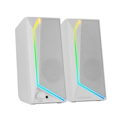 Immagine di MARSGAMING MS72, Altoparlanti Gaming 15W, Illuminazione RGB Flow, 2 Driver Attivi, Chipset DSP, Connessione Plug&amp;Play USB e Jack 3.5mm, Rotella Controllo Volume Porta Audio per Cuffie, Bianco